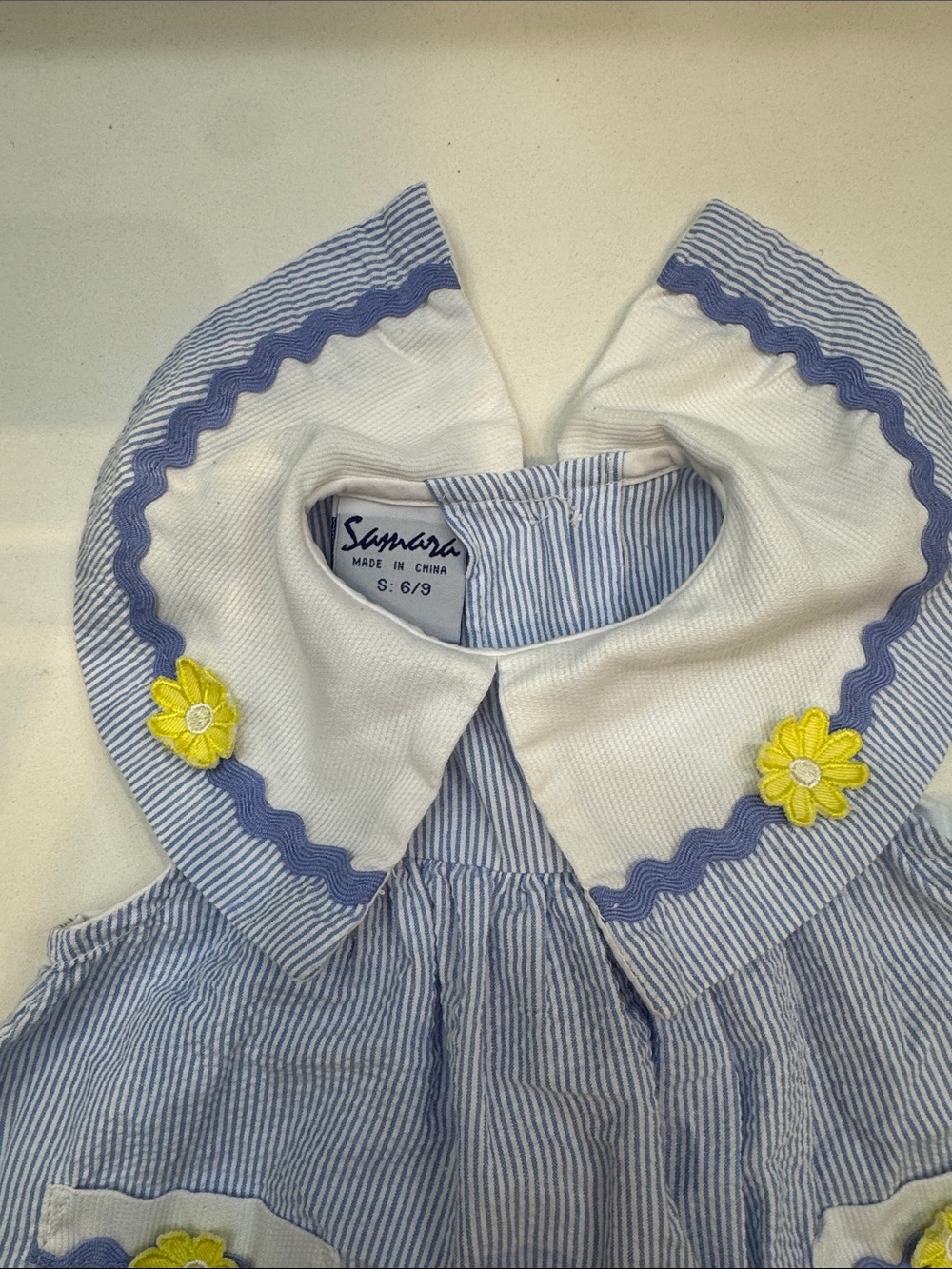 Samara Little Girls' Blue & White Striped Dress with Yellow Flower Accents